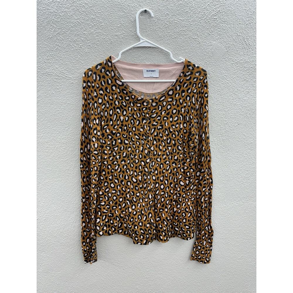 Old Navy Womens Cardigan Size Medium Brown Animal Print Button Up Long Sleeve